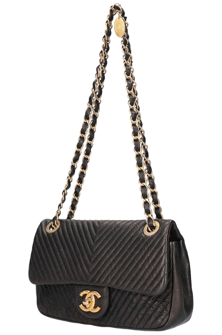CHANEL Chevron Single Flap Quilted Goat Skin Black
