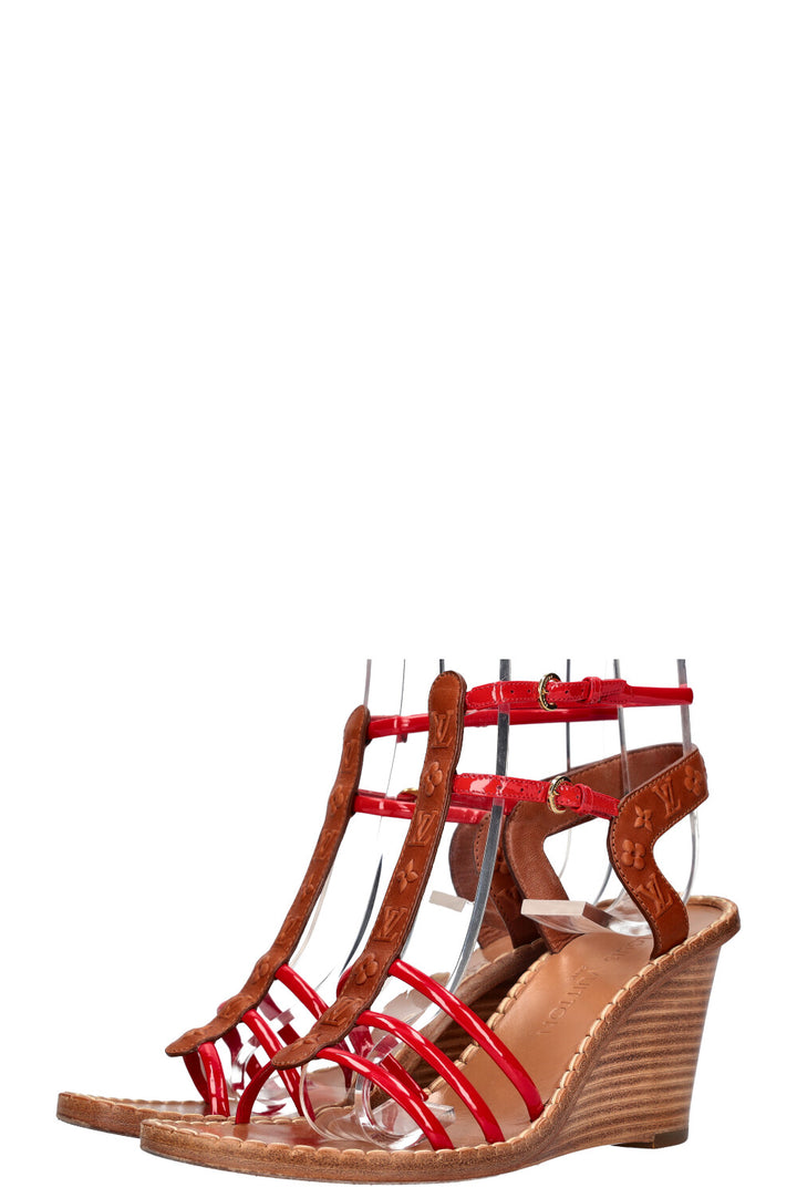 LOUIS VUITTON MNG Strap Wedges Brown &amp; Red