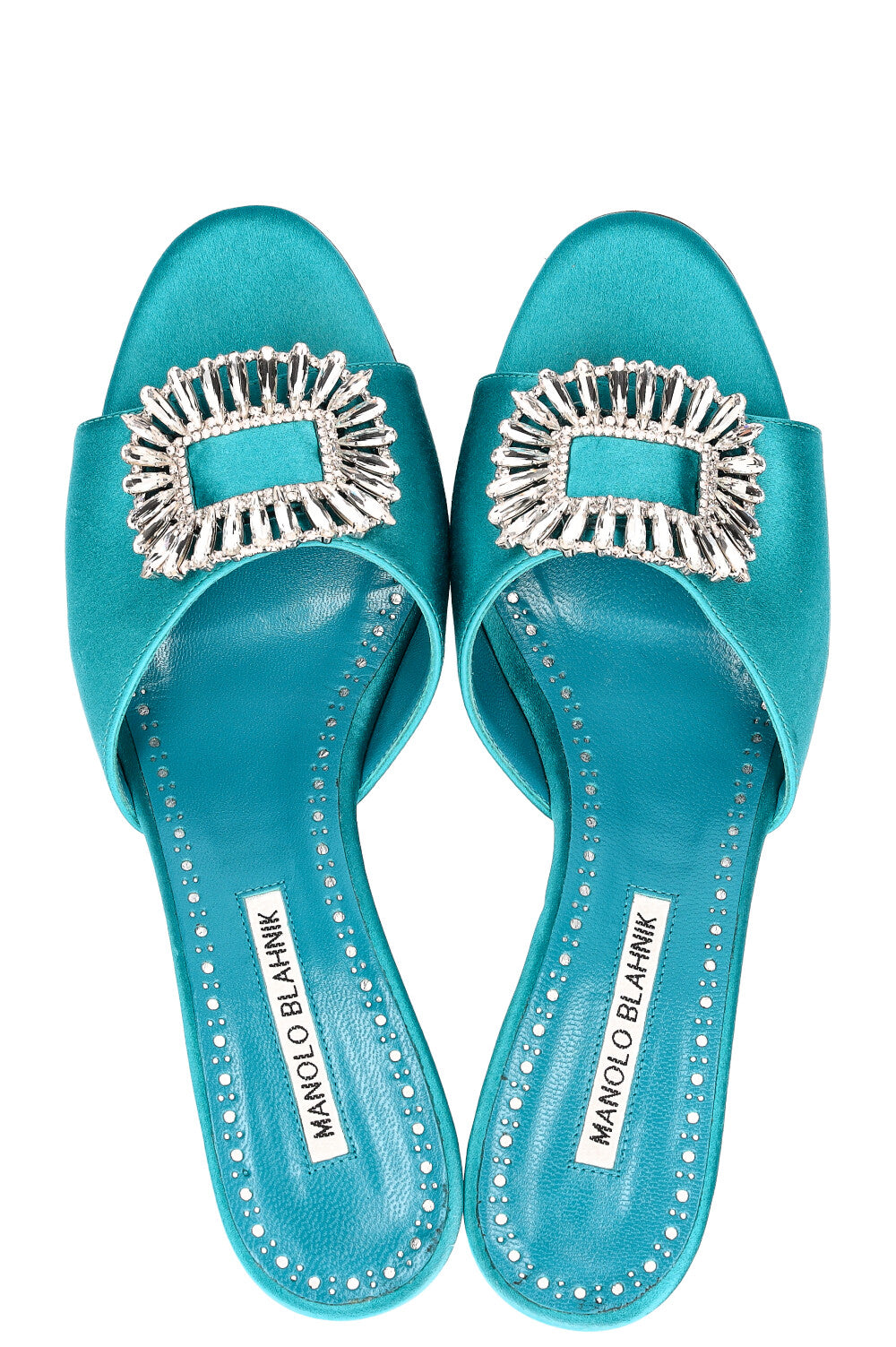 MANOLO BLAHNIK Laalita Heels Satin Turquoise