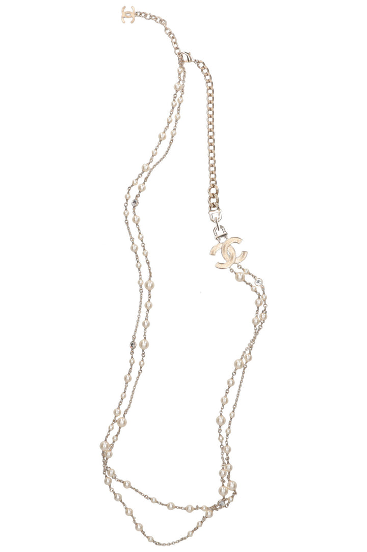 CHANEL Logo Pearl Necklace Chamagnergold