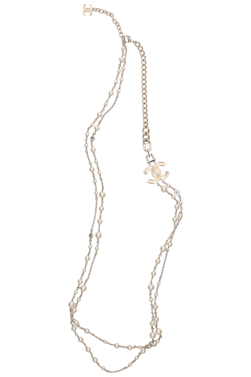 CHANEL Logo Pearl Necklace champagne gold