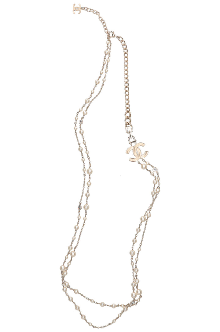 CHANEL Logo Pearl Necklace champagne gold