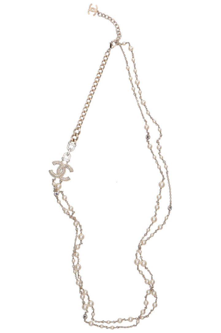 CHANEL Logo Pearl Necklace champagne gold