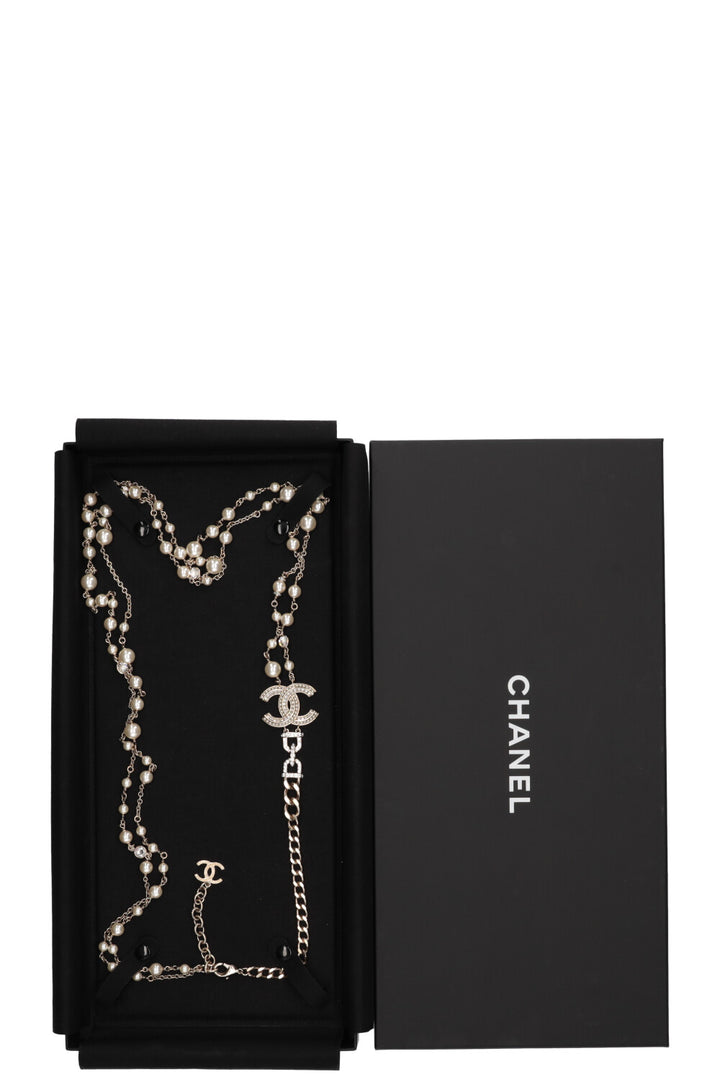 CHANEL Logo Pearl Necklace Chamagnergold