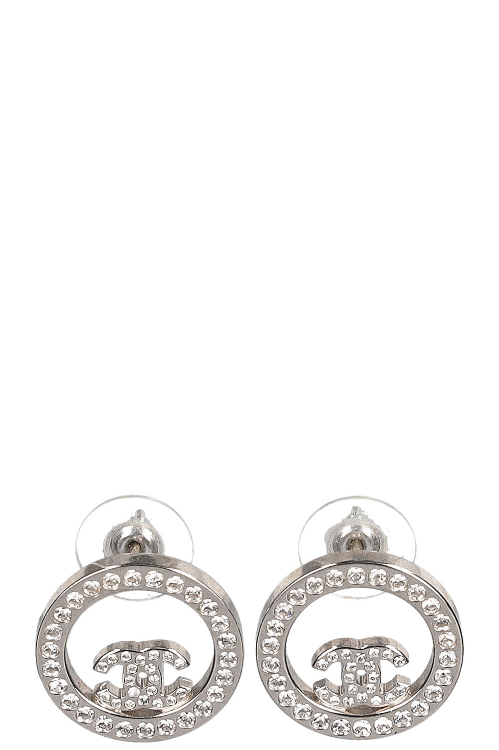 CHANEL CC Circle Earrings Crystals Silver