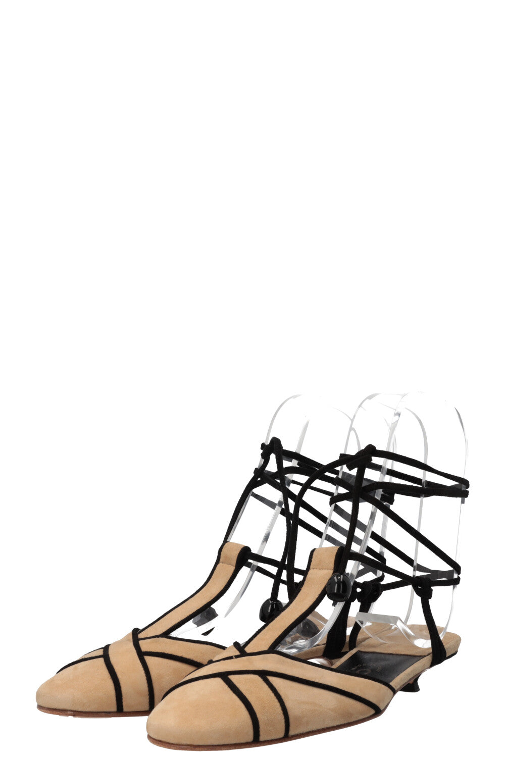 CHANEL Lace Up Heel Suede Beige Black