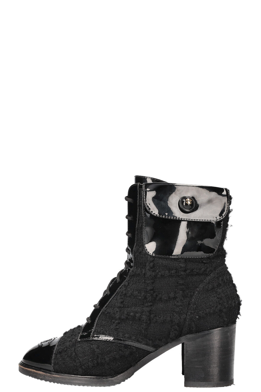 CHANEL Ankle Boots Tweed Patent Cap Black