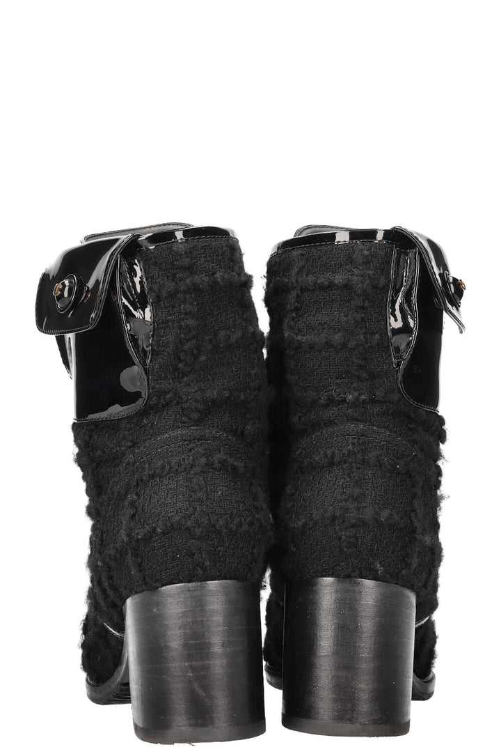 CHANEL Ankle Boots Tweed Patent Cap Black