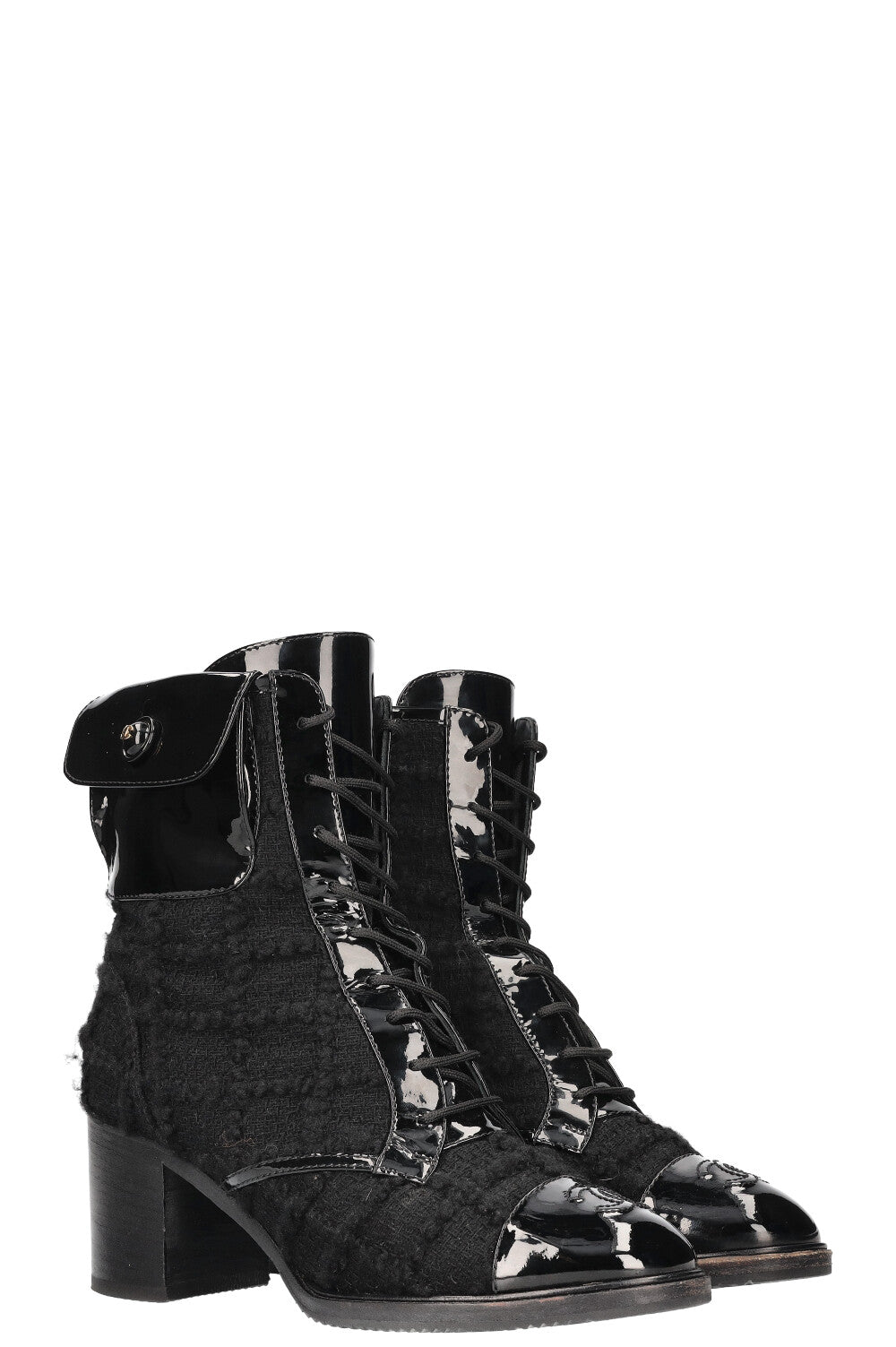 CHANEL Ankle Boots Tweed Patent Cap Black