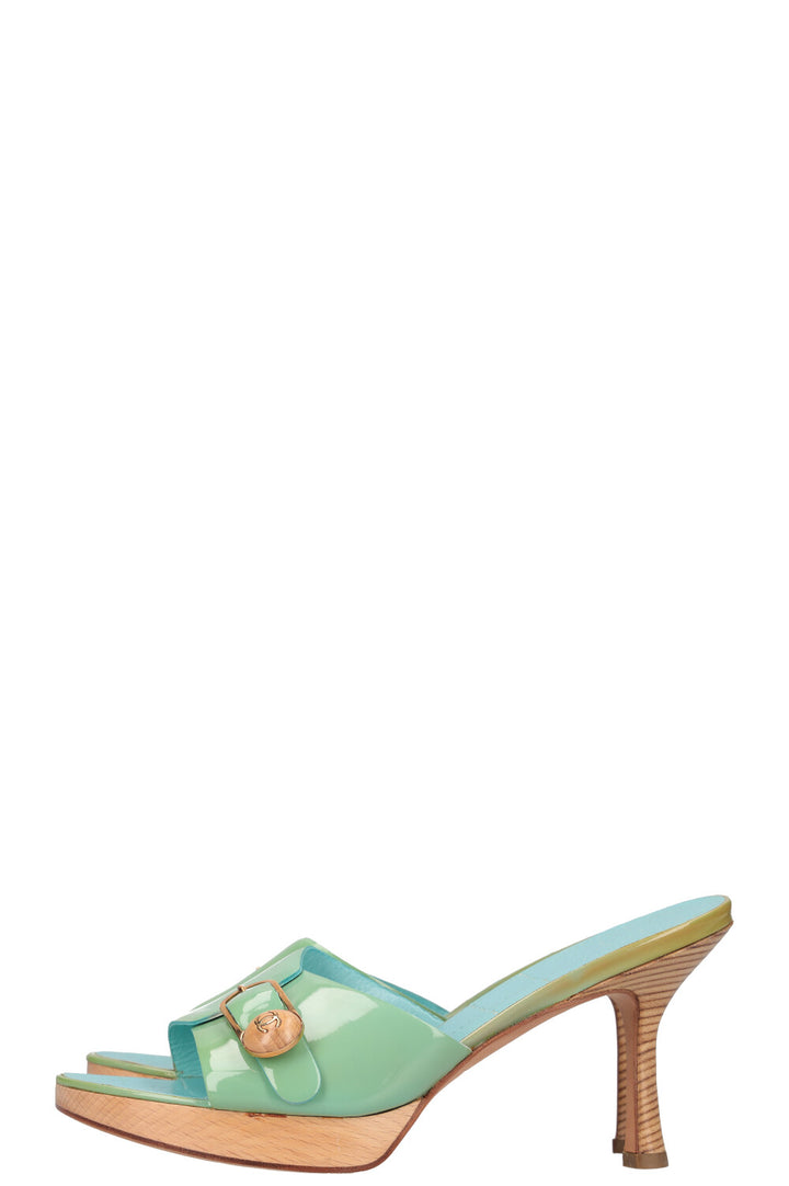 CHANEL Wooden Heels Patent Turquoise 03C