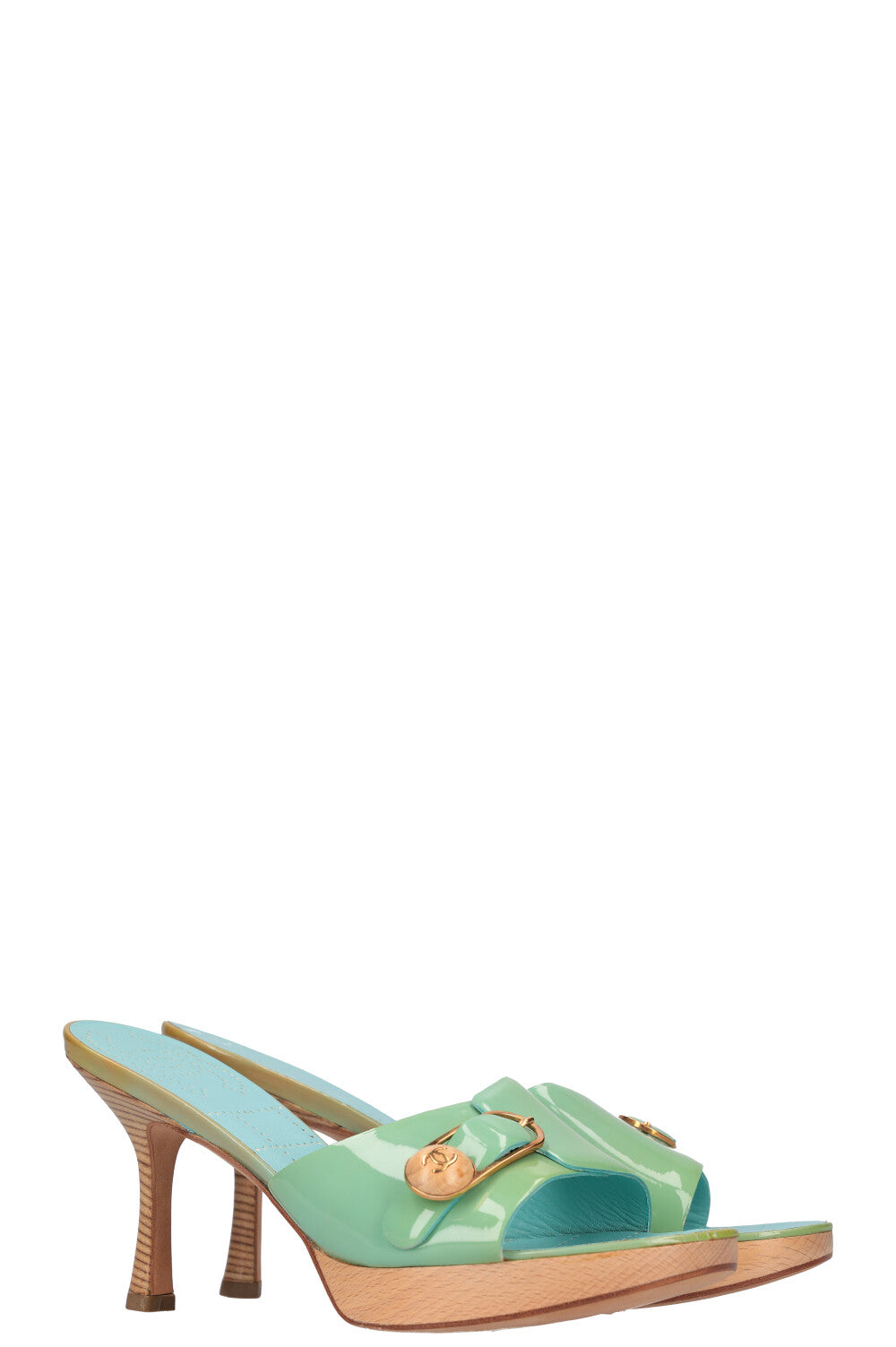 CHANEL Wooden Heels Patent Turquoise 03C