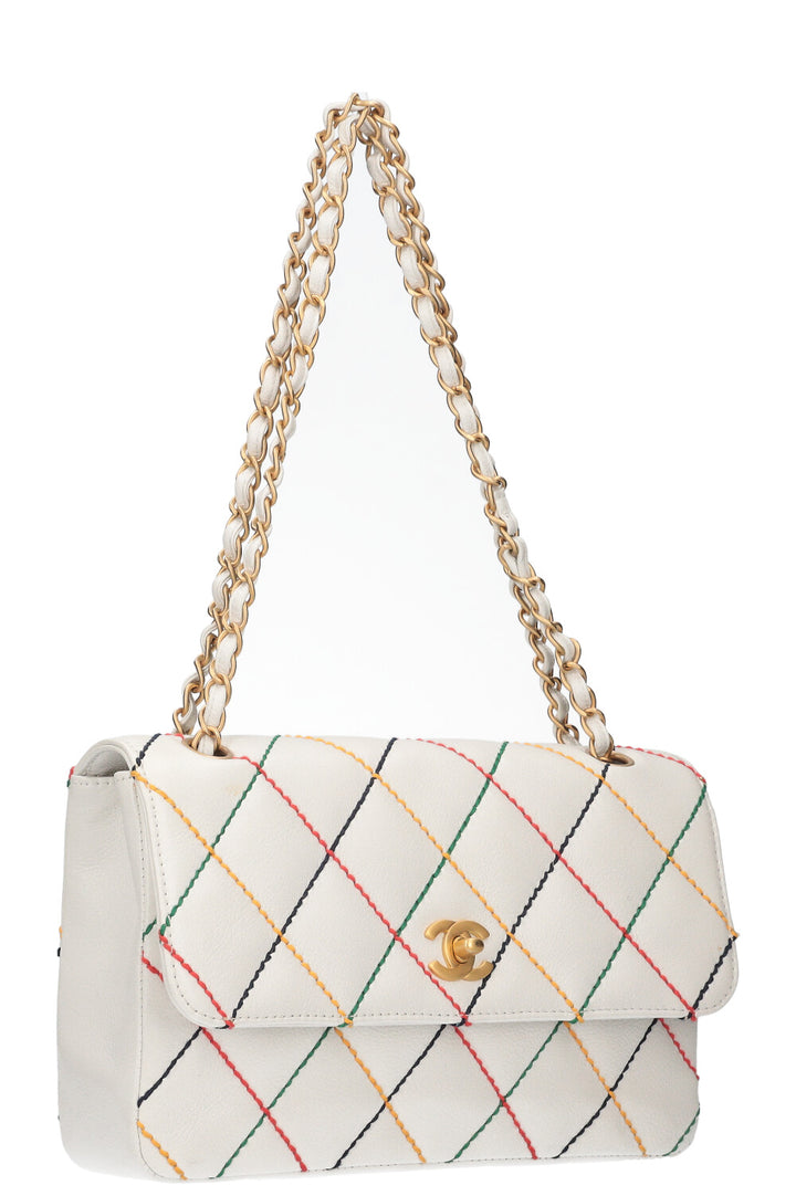 CHANEL Single Flap Bag with Rainbow Stitch Caviar White