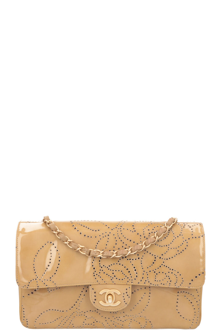 CHANEL Perforated Single Flap Patent Beige