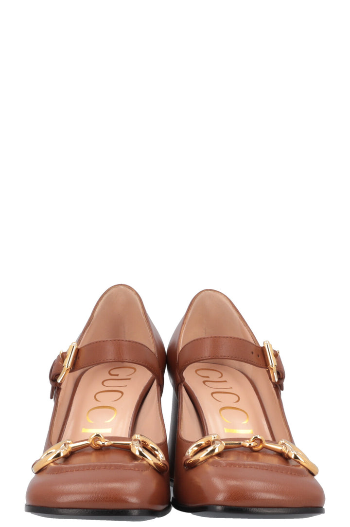 GUCCI Horsebit Mary Jane Pumps Cognac