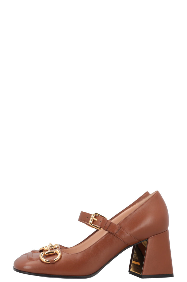 GUCCI Horsebit Mary Jane Pumps Cognac