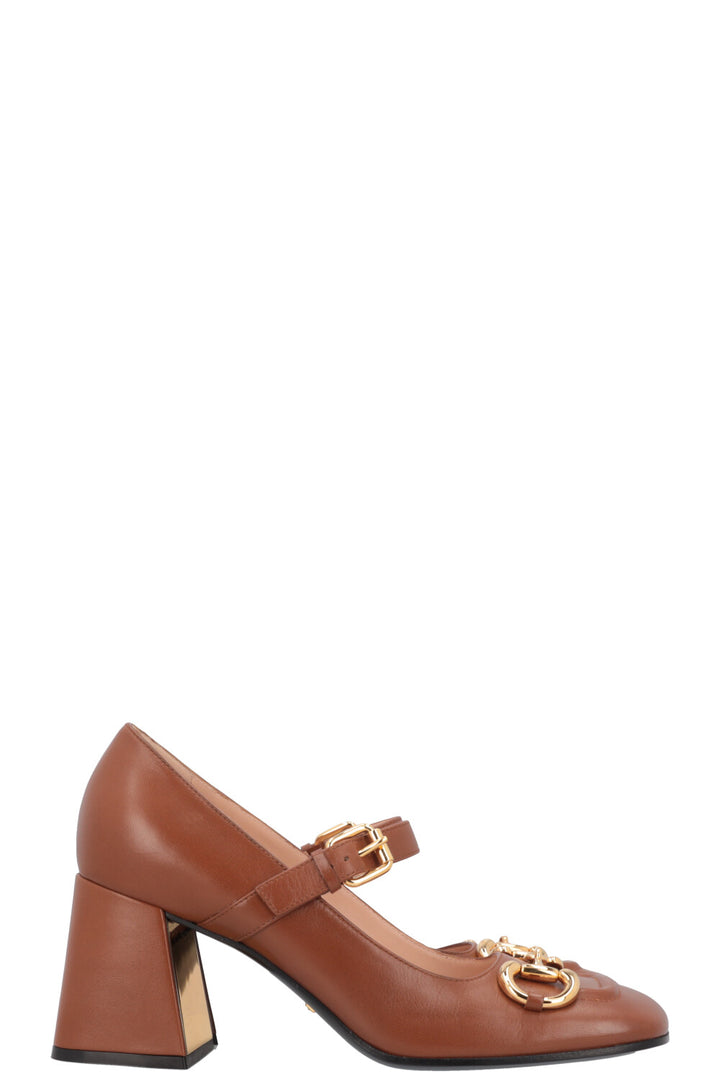 GUCCI Horsebit Mary Jane Pumps Cognac