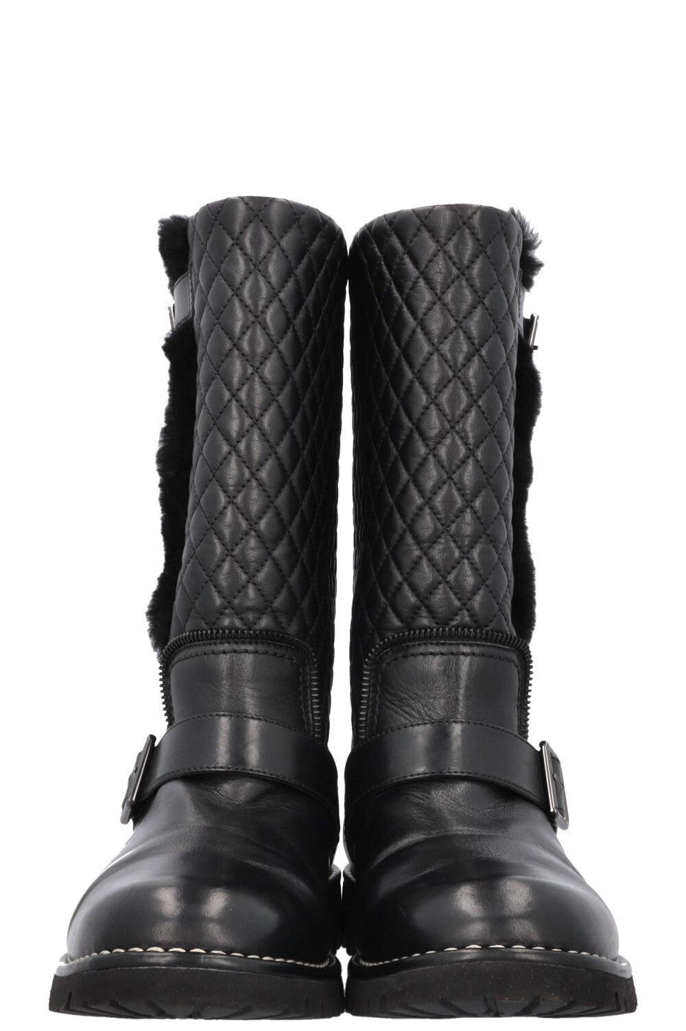 CHANEL Quilted Boots Leather Shearling Black