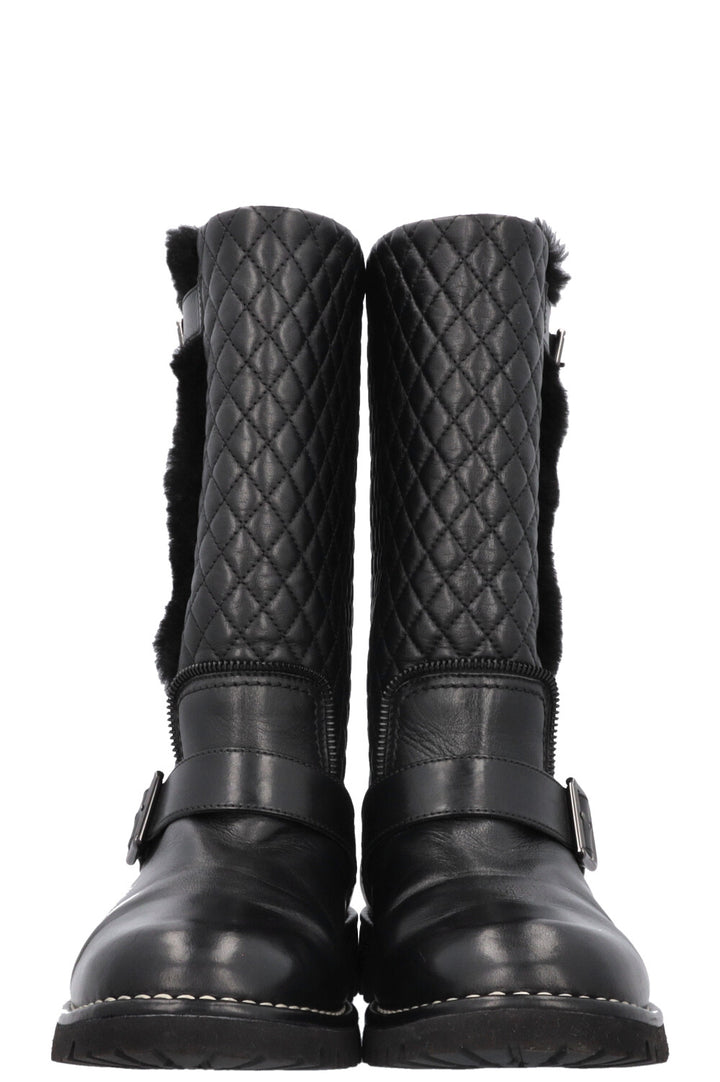 CHANEL Quilted Boots Leather Shearling Black