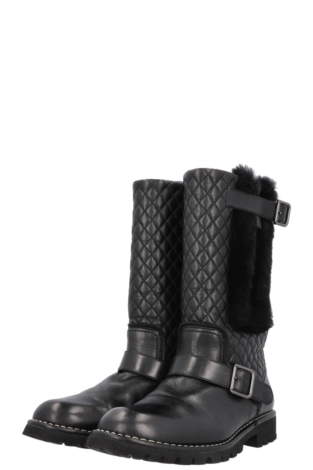 CHANEL Quilted Boots Leather Shearling Black