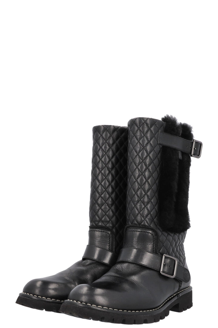 CHANEL Quilted Boots Leather Shearling Black