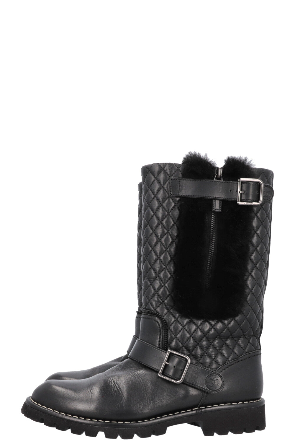 CHANEL Quilted Boots Leather Shearling Black
