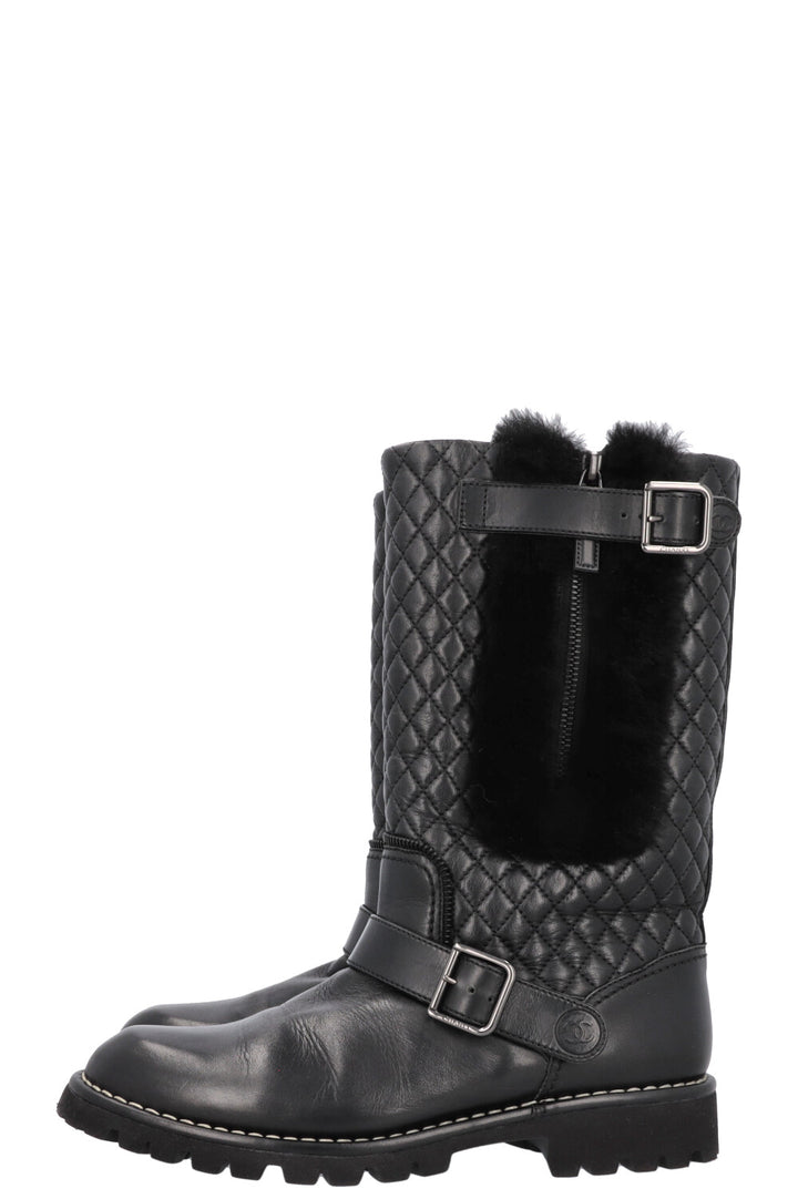CHANEL Quilted Boots Leather Shearling Black