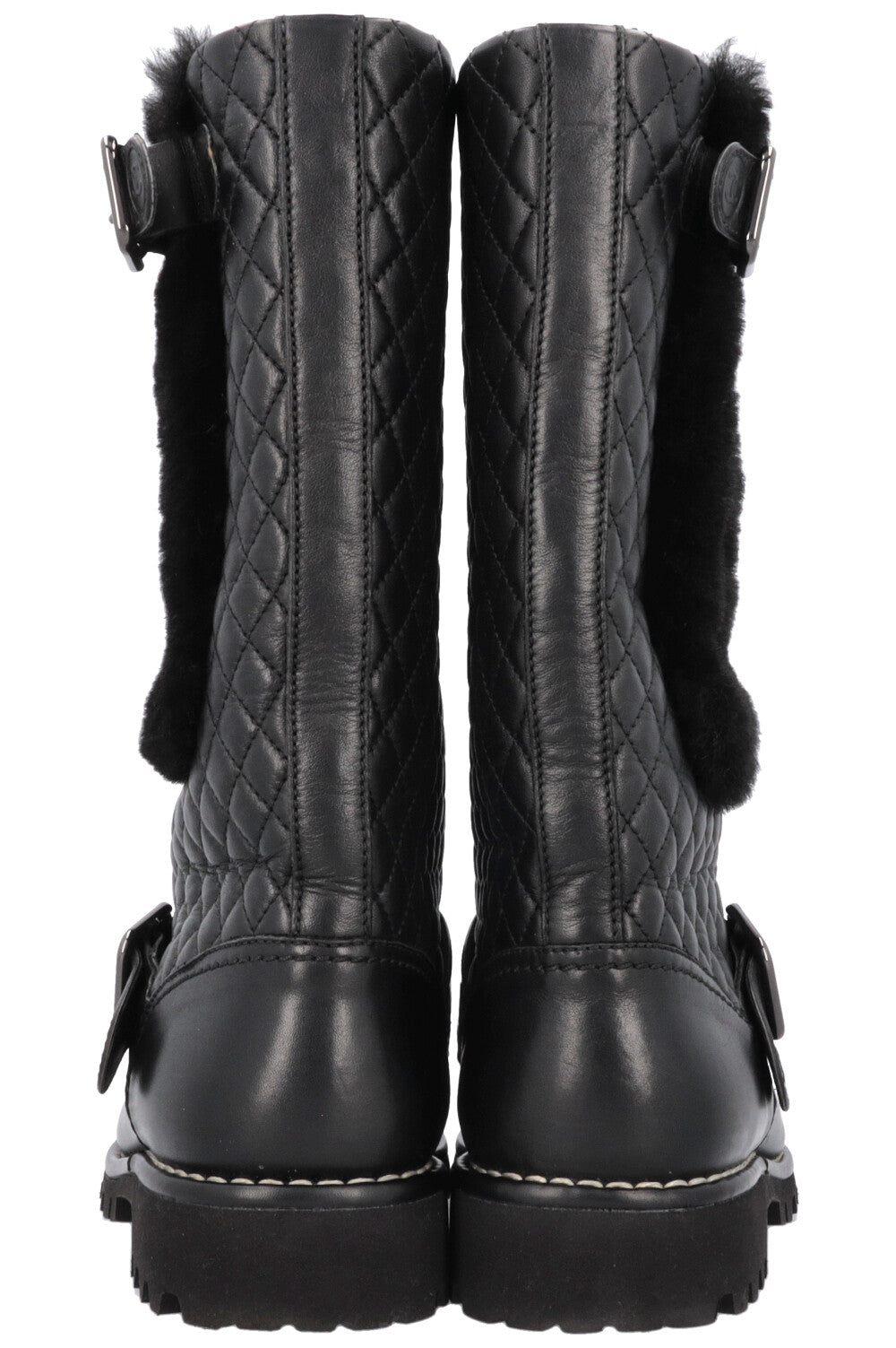 CHANEL Quilted Boots Leather Shearling Black