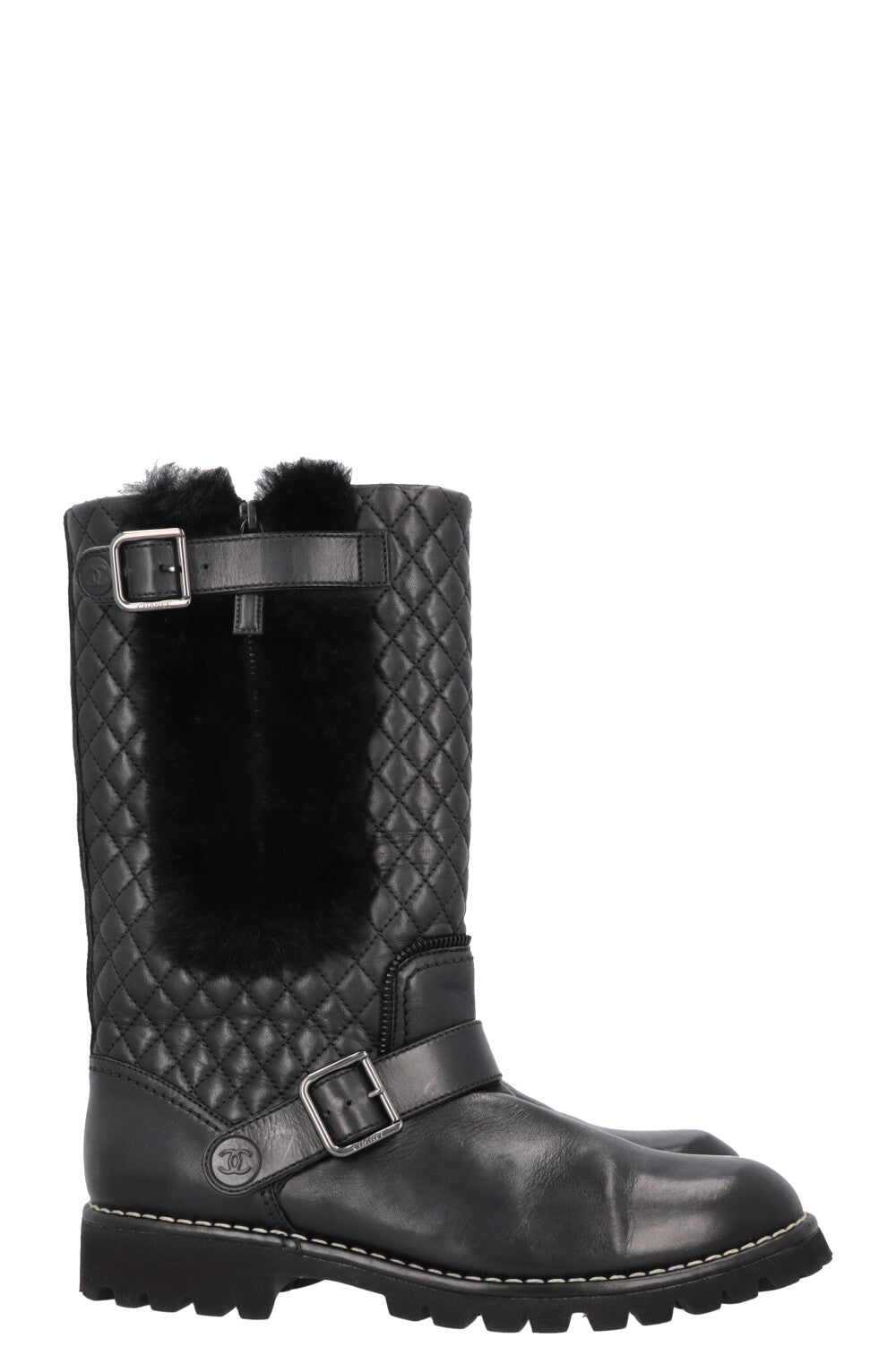 CHANEL Quilted Boots Leather Shearling Black