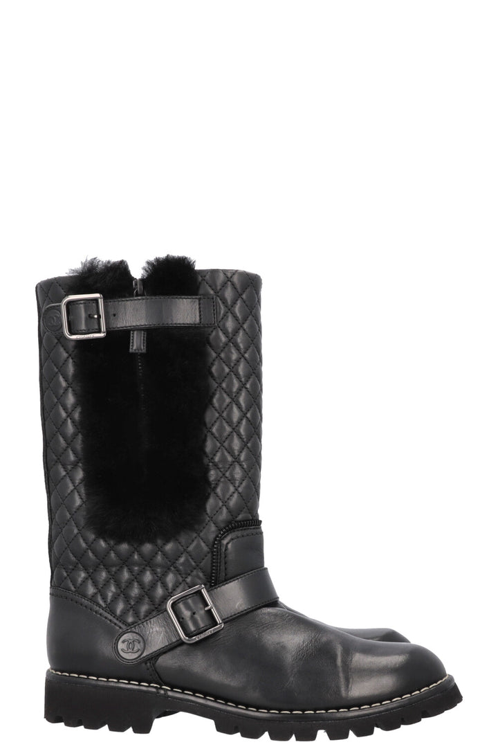 CHANEL Quilted Boots Leather Shearling Black