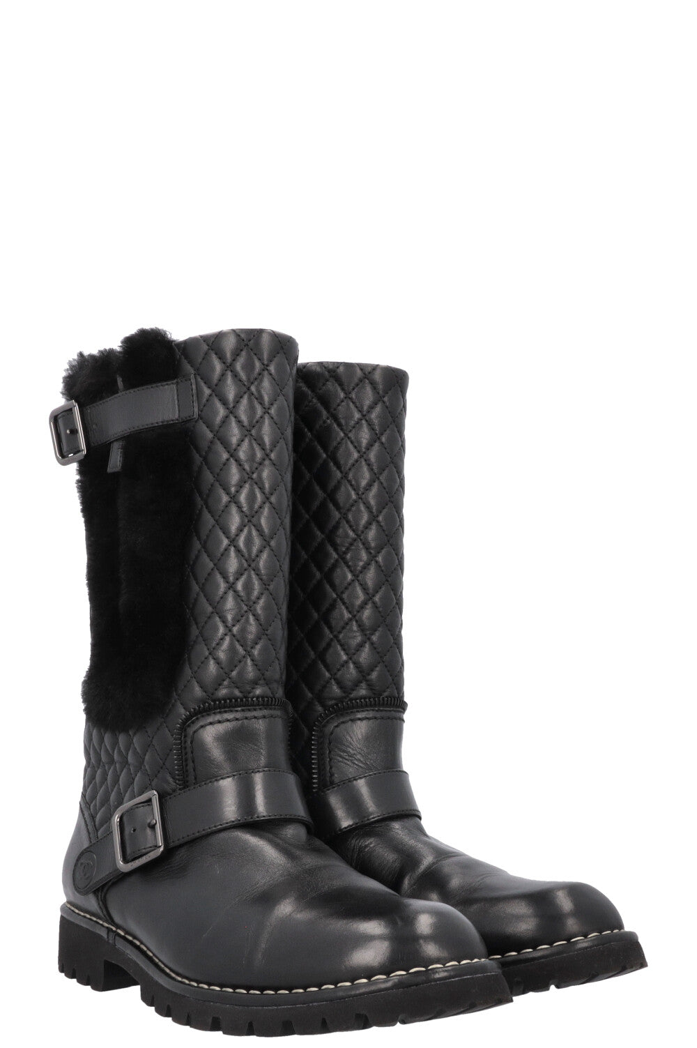 CHANEL Quilted Boots Leather Shearling Black