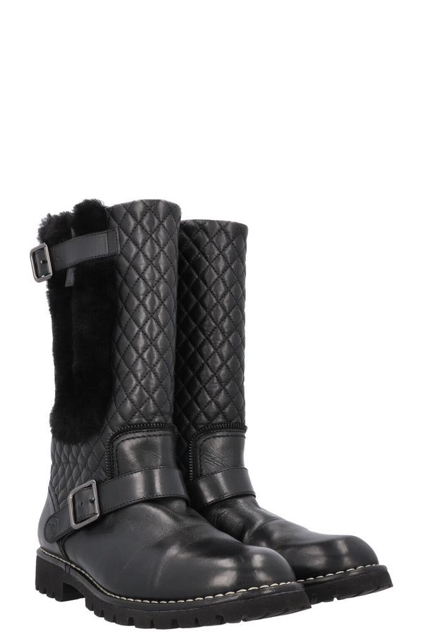 CHANEL Quilted Boots Leather Shearling Black