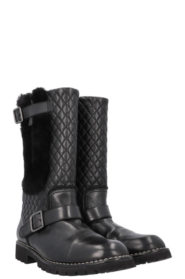 CHANEL Quilted Boots Leather Shearling Black
