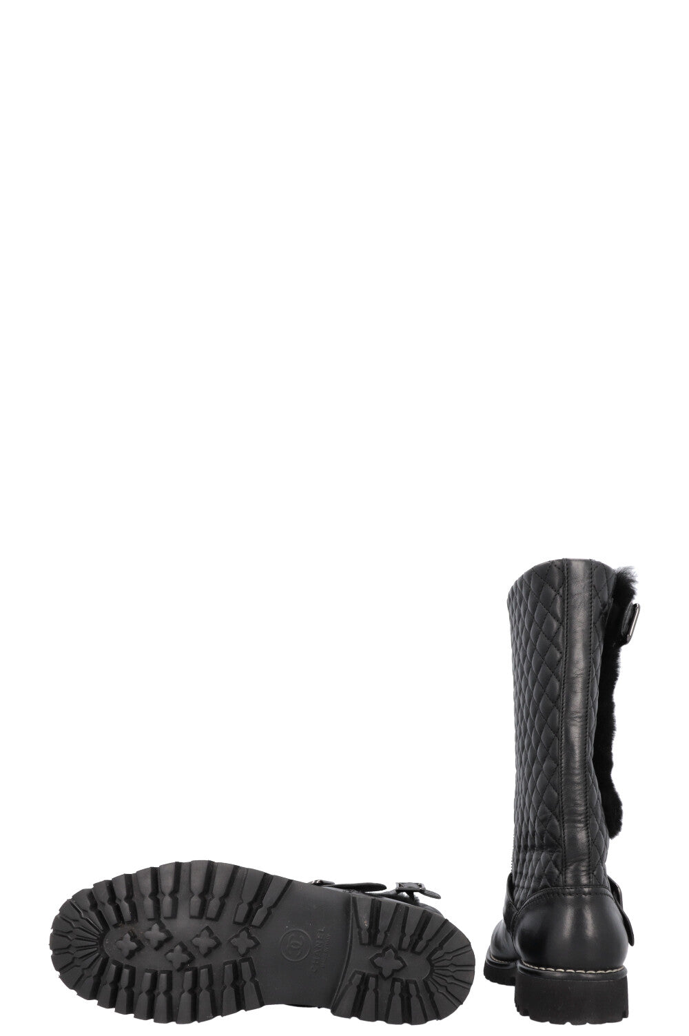 CHANEL Quilted Boots Leather Shearling Black