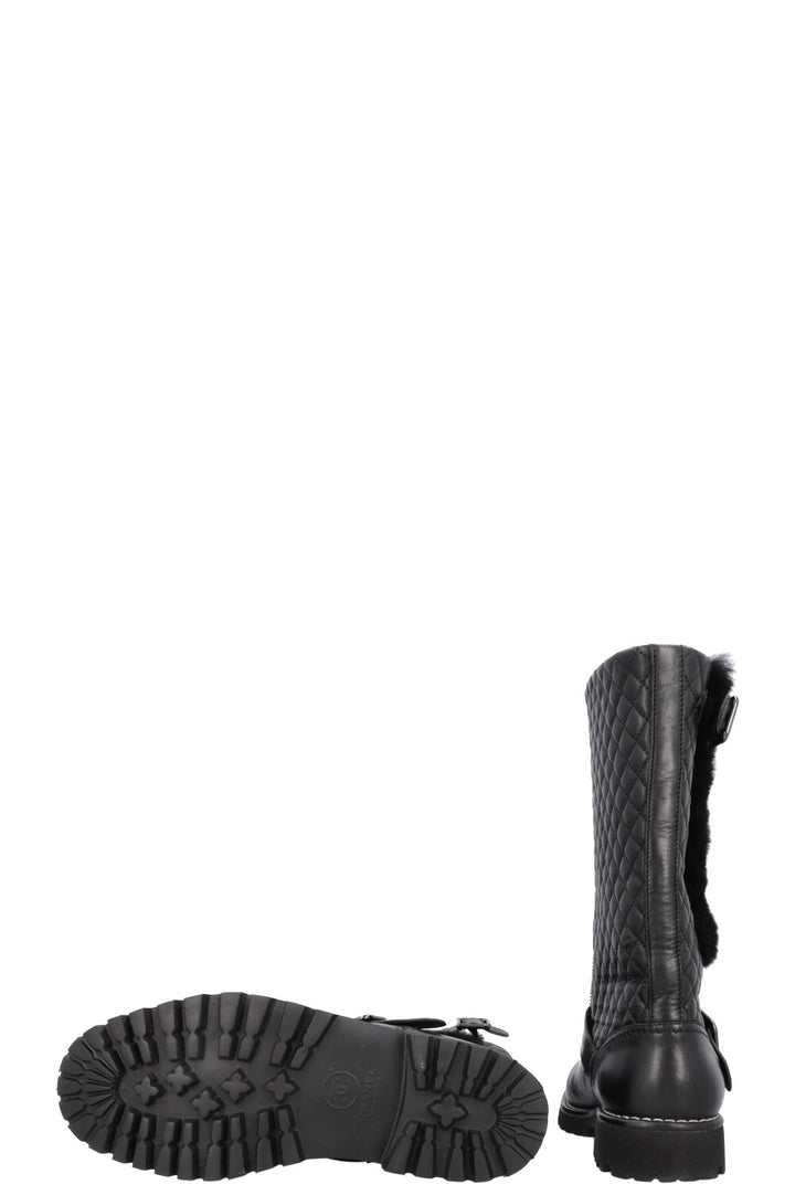 CHANEL Quilted Boots Leather Shearling Black