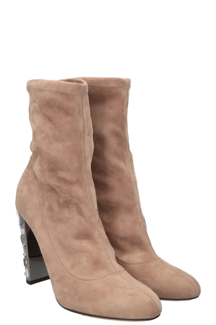JIMMY CHOO Crystal Heel Sock Boots Suede Beige