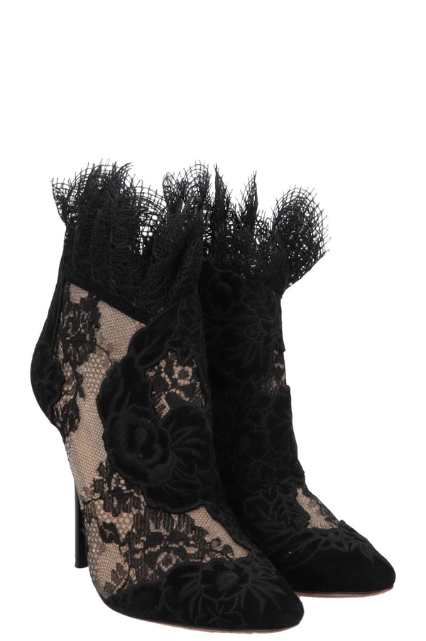 JIMMY CHOO Floral Embroidered Kamaris Ankle Boots Lace Suede Black