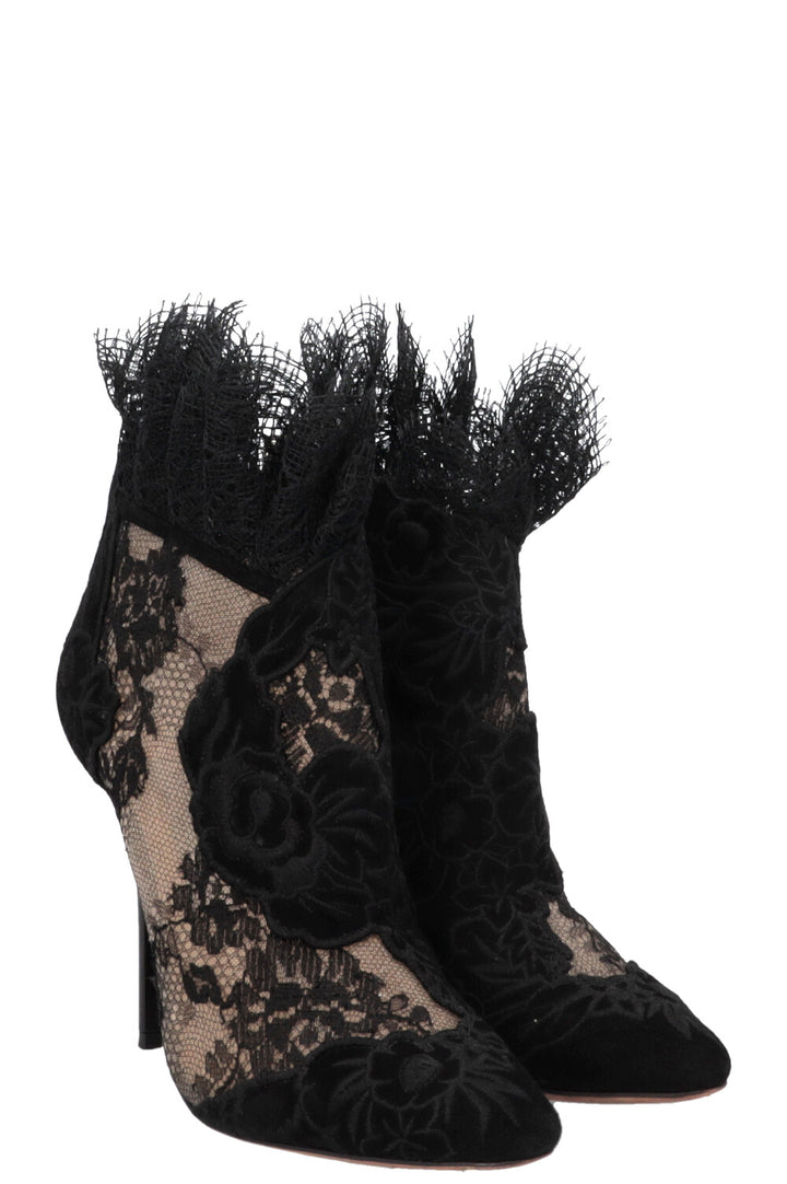JIMMY CHOO Floral Embroidered Kamaris Ankle Boots Lace Suede Black
