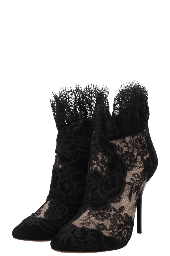 JIMMY CHOO Floral Embroidered Kamaris Ankle Boots Lace Suede Black