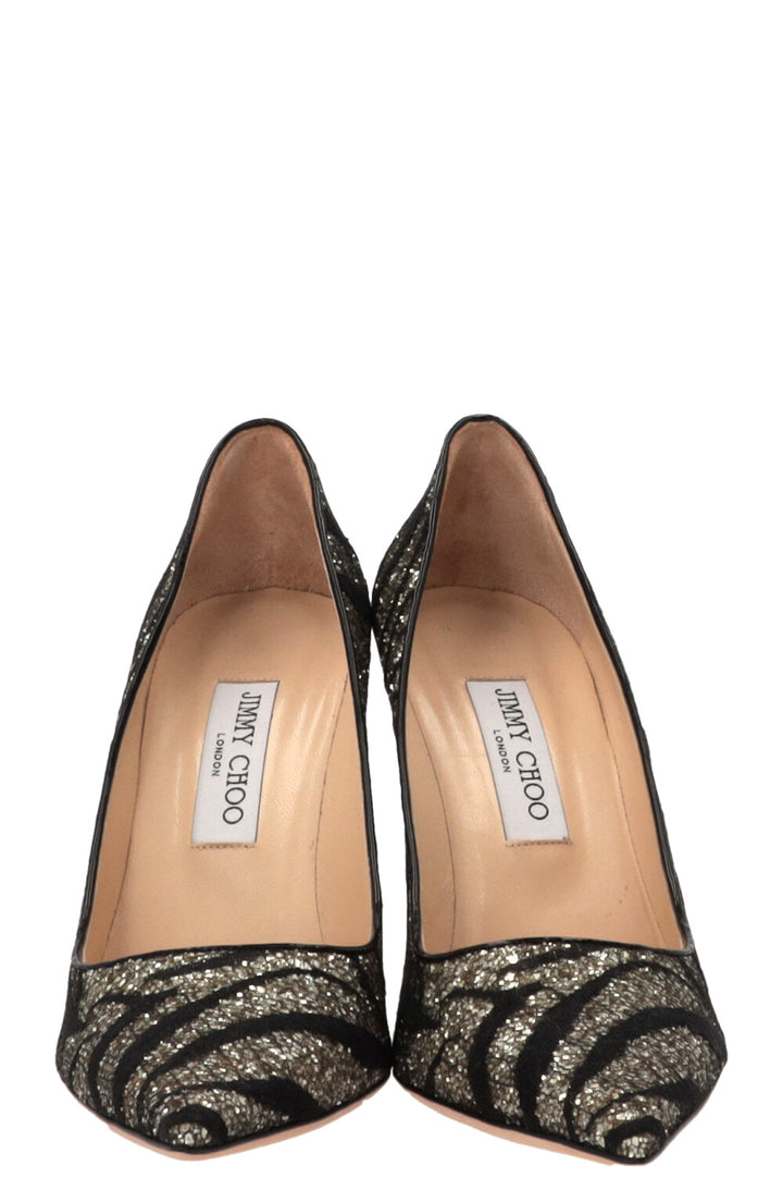 JIMMY CHOO Zebra Agnes Heels Glitter Gold