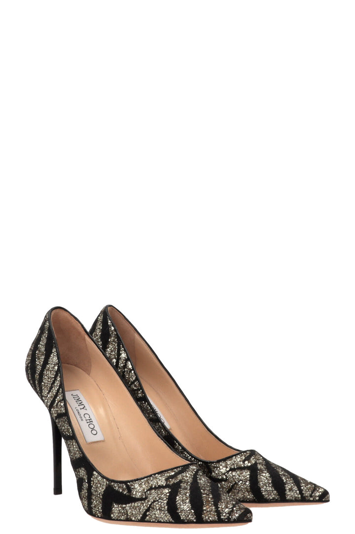 JIMMY CHOO Zebra Agnes Heels Glitter Gold
