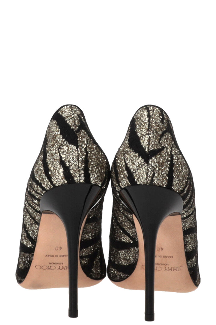 JIMMY CHOO Zebra Agnes Heels Glitter Gold