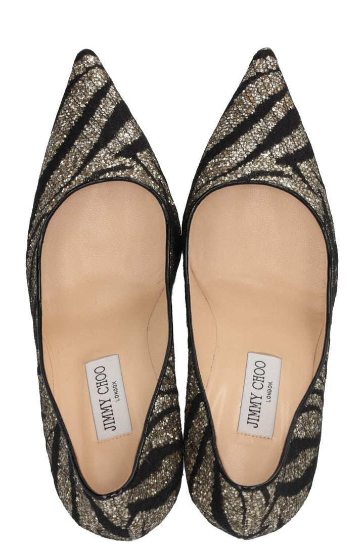 JIMMY CHOO Zebra Agnes Heels Glitter Gold