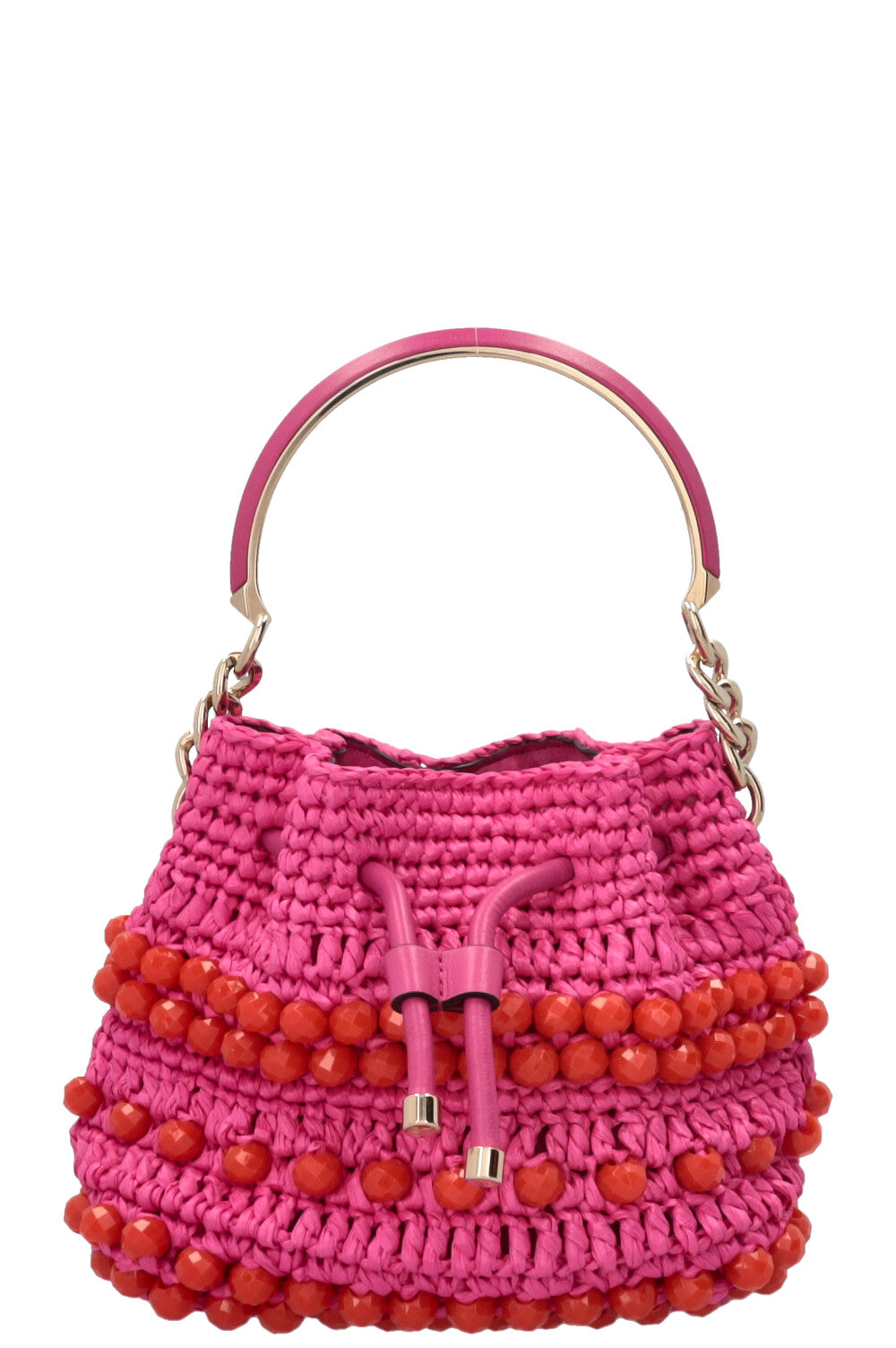 JIMMY CHOO Bon Bon Bucket Bag Raffia Pink