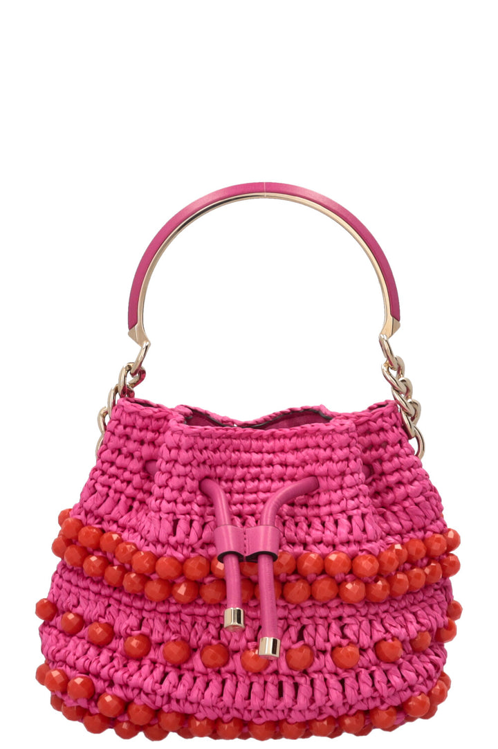 JIMMY CHOO Bon Bon Bucket Bag Raffia Pink