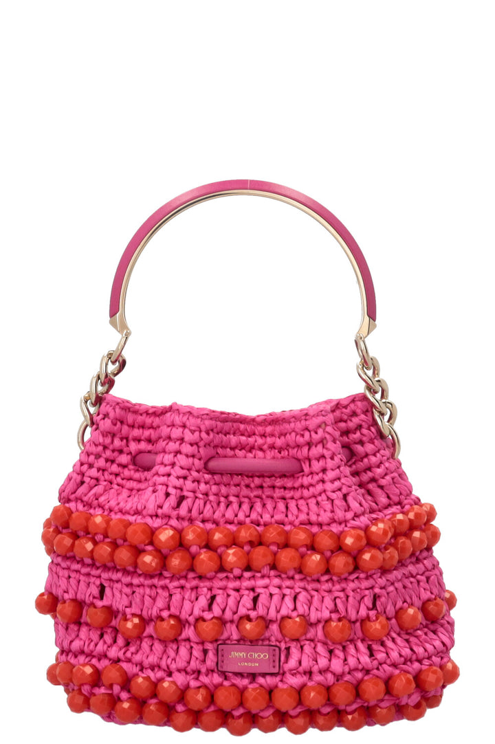 JIMMY CHOO Bon Bon Bucket Bag Raffia Pink