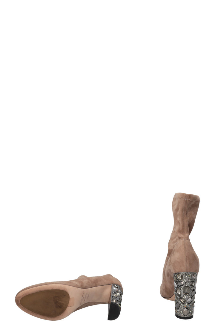 JIMMY CHOO Crystal Heel Sock Boots Suede Beige