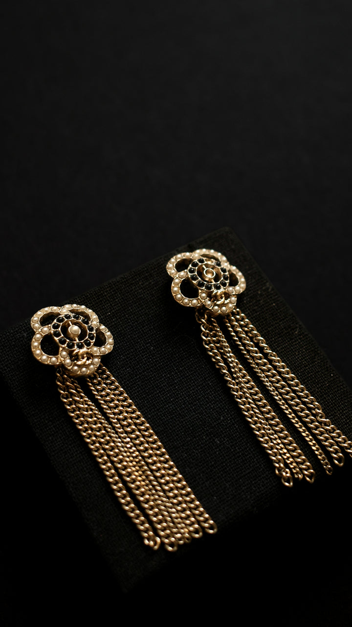 CHANEL Tassle Camellia Earrings Champagne