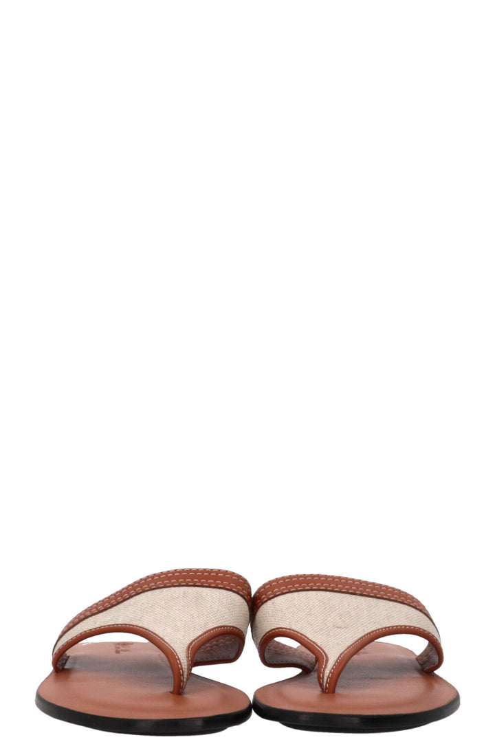 LORO PIANA Tongs toile cuir marron