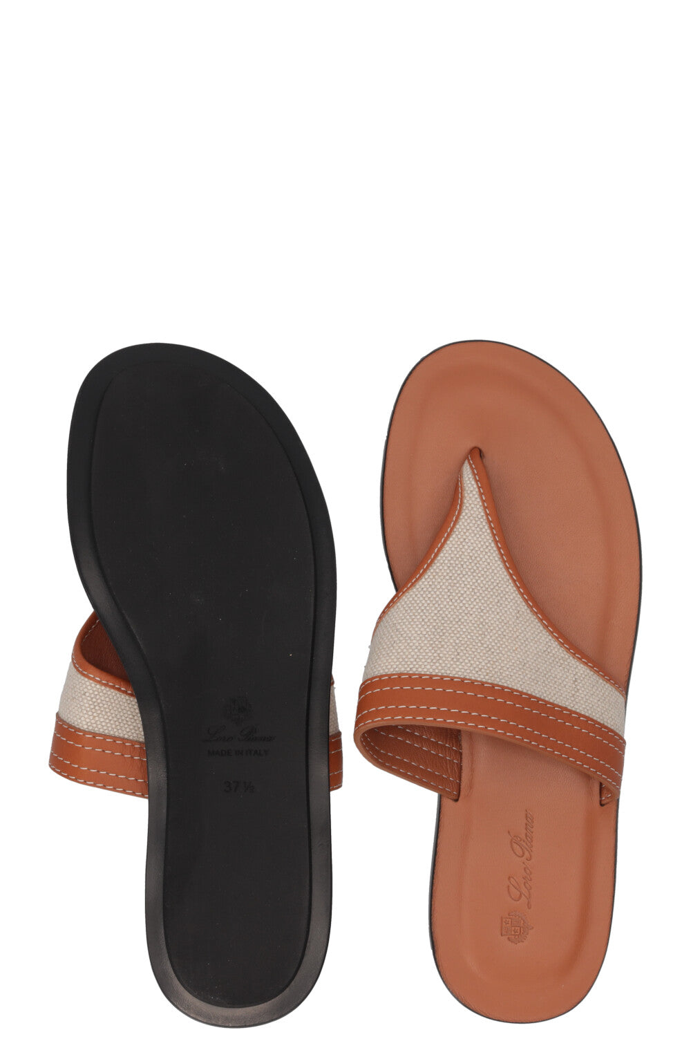 LORO PIANA Tongs toile cuir marron