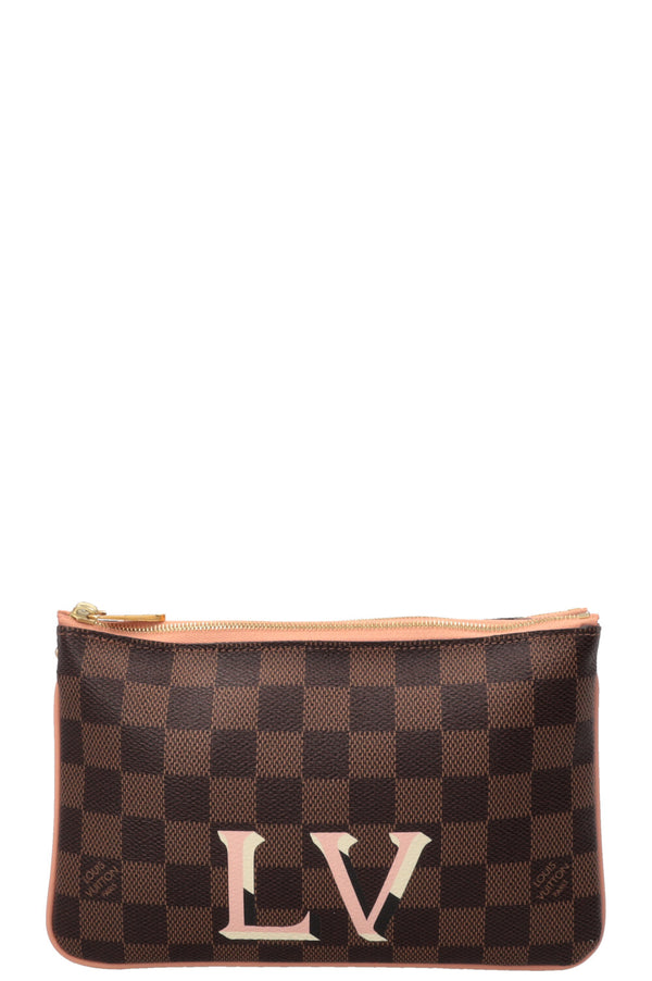 LOUIS VUITTON Double Zip Pochette Canvas Damier Ebene Pink